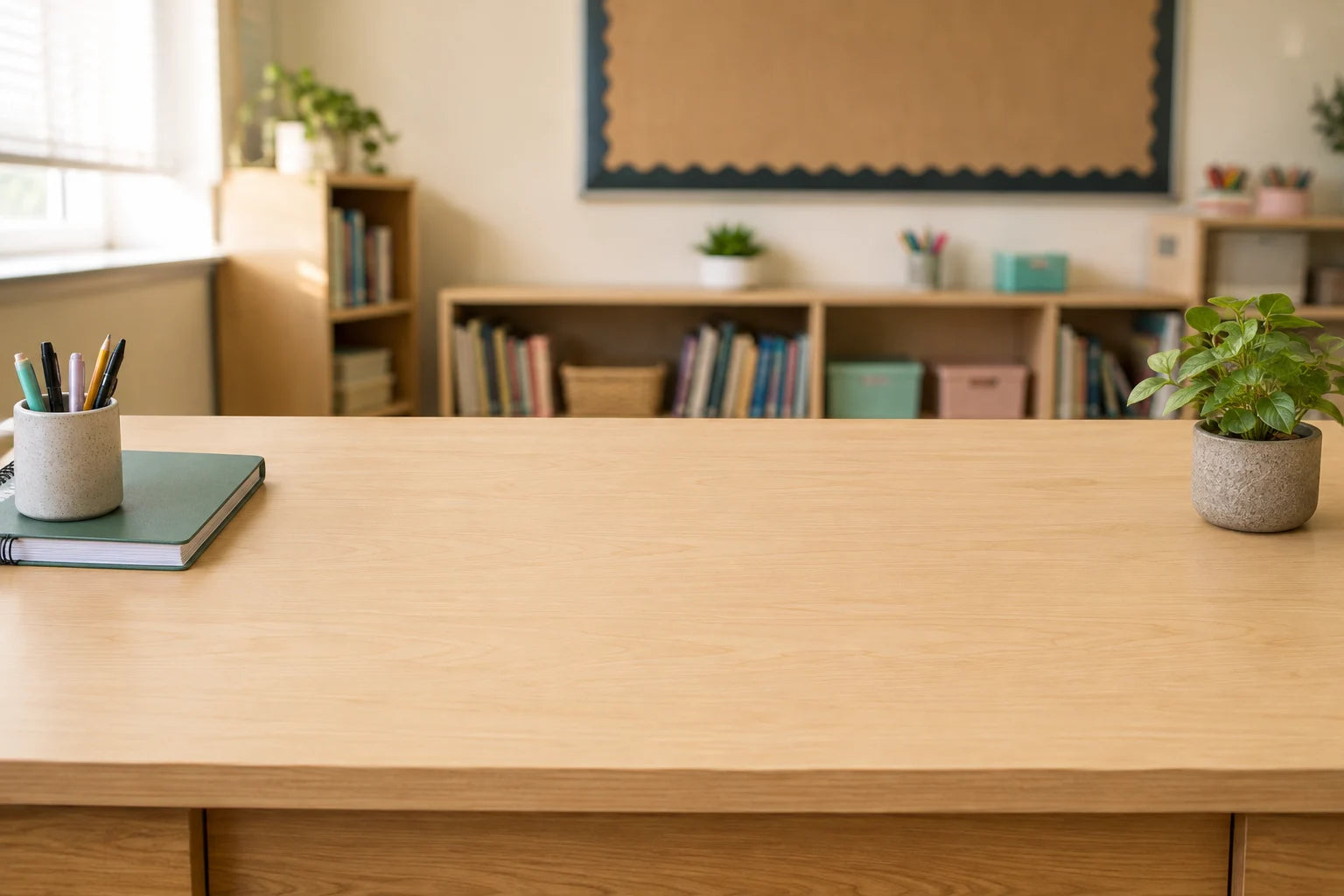 Illustrated classroom setting with an open wooden desktop